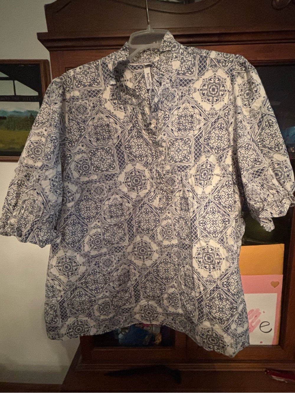Belle Isle by Torrid.  White half Button-Up Shirt with Navy Floral Tile Print